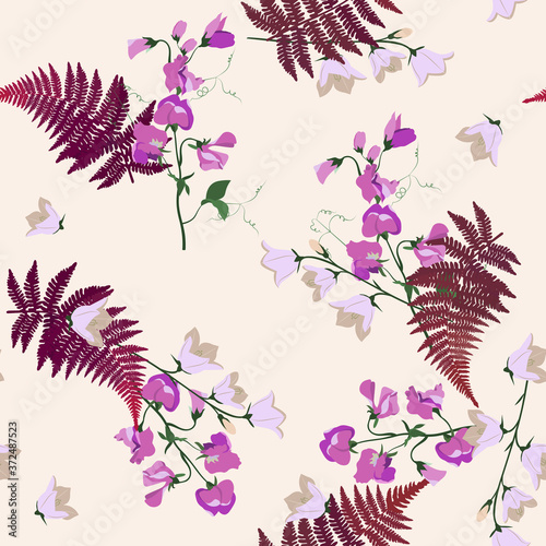 Seamless vector illustration with sweet pea and campanula on a beige background.