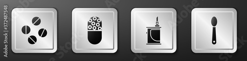 Set Medicine pill or tablet, Medicine pill or tablet, Electronic cigarette and Heroin in a spoon icon. Silver square button. Vector.