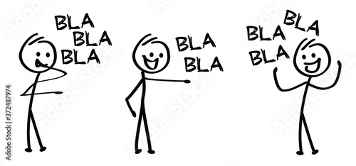 Say bla bla. Kids playing running, jumping Happy smile stickman emoji icons Funny comic walk stick figures man, woman Vector emotions sign drawing Talking cartoon person Jump, run, walking and play
