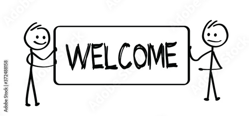 Welcome sign. running, jumping Happy smile stickman emoji icons Funny comic walk stick figures man, woman Vector communication emotions sign drawing Talking cartoon person Jump, run, walking and play