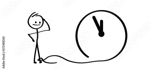 Slogan deadline, loading running, clock. Happy smile stickman emoji icons Funny comic walk stick figures man, woman Vector emotions sign drawing Talking cartoon person Jump, walking and play