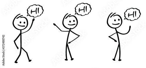Says hello, hi. Kids playing running, jumping Happy smile stickman emoji icons Funny comic walk stick figures man, woman Vector emotions sign drawing Talking cartoon person jump, walking and play