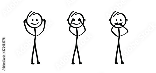 Hear, see and be silent. to hear, to see, to be silent or to be quiet. Happy smile stickman emoji icons Fun comic stick figures man, woman Vector emotion sign drawing cartoon person.