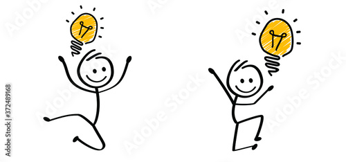 Think big, idea or ideas. Kids playing running, jumping Happy smile stickman emoji icons Comic walk stick figures man, woman Vector emotions sign drawing Talking cartoon person jump, walking and play