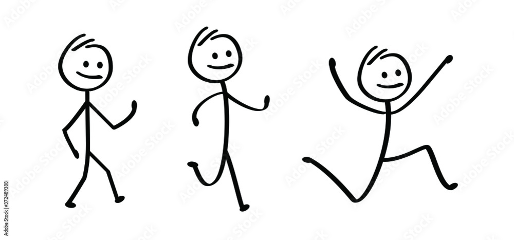 Kids playing running, jumping Happy smile stickman emoji icons Funny comic  walk stick figures man, woman Vector emotions sign drawing Talking cartoon  person jump, walking and play Stock Vector | Adobe Stock