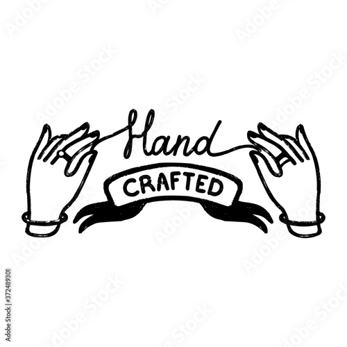 Hand crafted icon or logo. Vintage stamp icon with a handcrafted inscription on ribbon and hands.