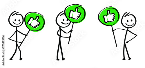 Humbs up, thumbs down, do, don't, like, dislike, unlike. Happy stickman emoji icons Funny comic walk stick figures man, woman Vector emotions sign drawing Talking cartoon person, world compliment day.