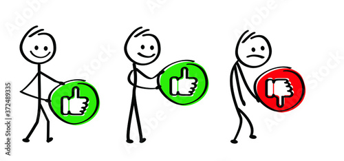 Humbs up, thumbs down, do, don't, like, dislike, unlike. Happy stickman emoji icons Funny comic walk stick figures man, woman Vector emotions sign drawing Talking cartoon world compliment day
