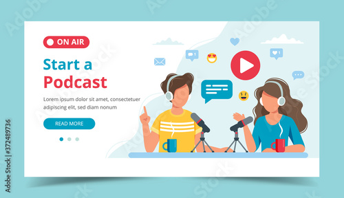 Podcasters talking to microphone recording podcast in studio. Landing page template. illustration in flat style