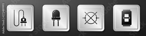 Set Electric plug, Light emitting diode, Electric circuit scheme and Electric light switch icon. Silver square button. Vector.