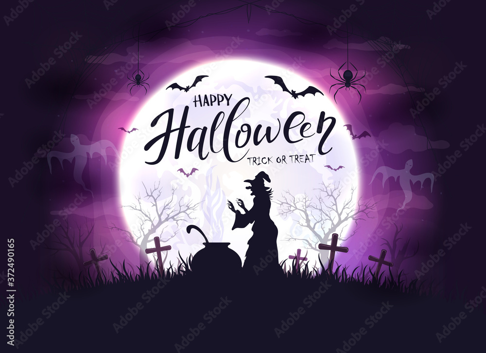 Halloween Background with Witch and Bats on Purple