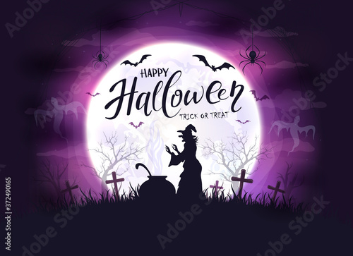 Halloween Background with Witch and Bats on Purple