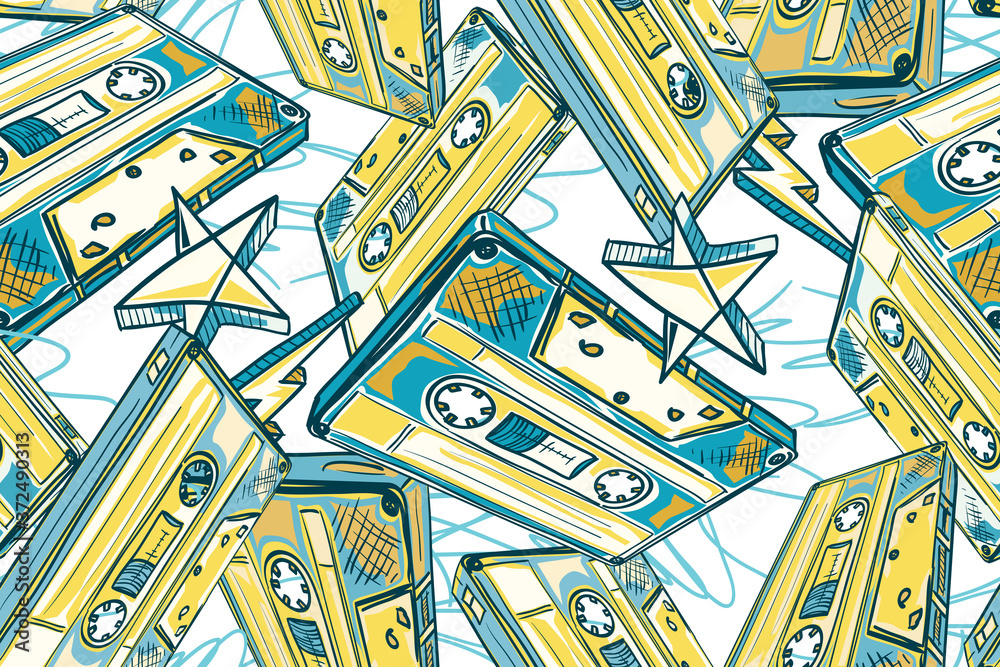 Foto Funky drawn audio cassettes decorative seamless pattern