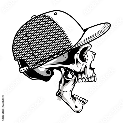 sinister skull gaping mouth wearing a hat