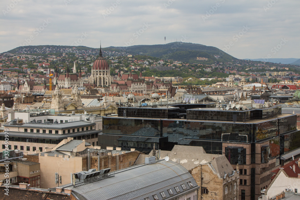 View of the roofs of the Old Town of Budapest from a high point. Hungary