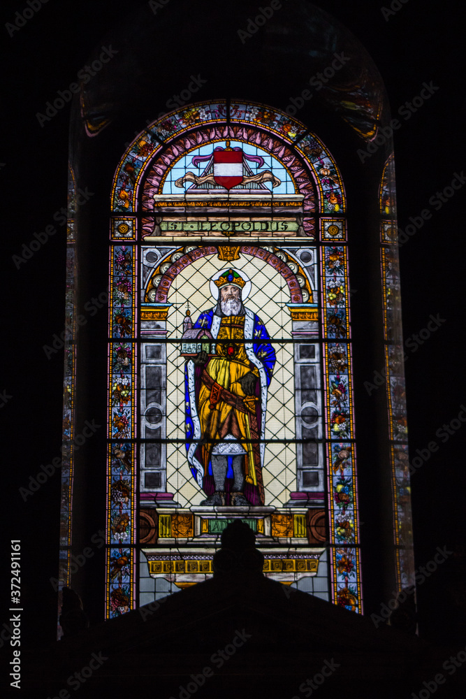 Stained glass window in the Basilica of St. Stephen in Budapest. Hungary