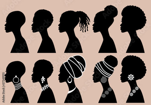African Women, black girls, profile silhouettes, vector set