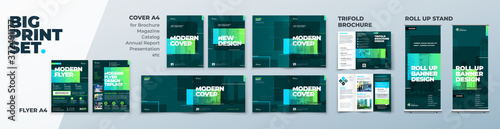 Corporate Identity Print Template Set of Brochure cover, flyer, tri fold, report, catalog, roll up banner. Branding design in Green colors. Business stationery background design collection.