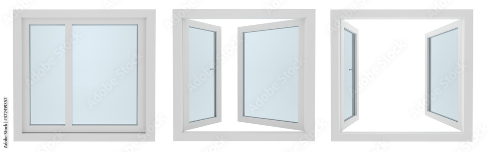 Set of closed and open white windows frame isolated on white background 3d illustration Set of closed and open white windows frame isolated on white background 3d illustration