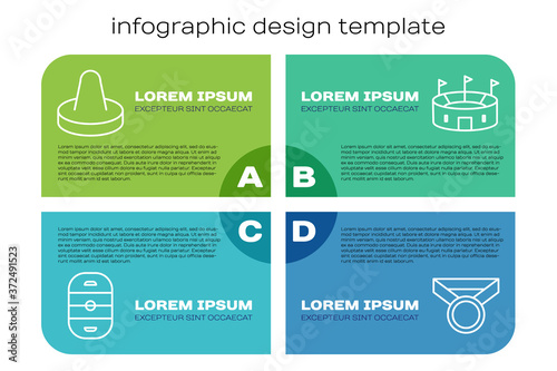 Set line Ice hockey rink, Mallet for playing air hockey, Medal and Hockey stadium. Business infographic template. Vector.