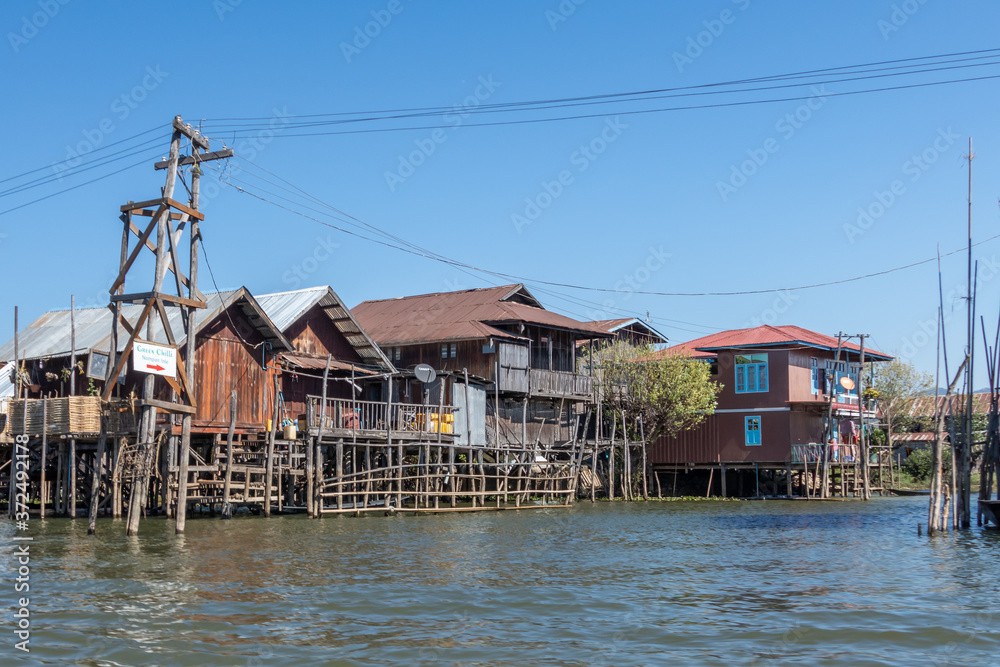 Floating village houses along Inle Lake in Burma