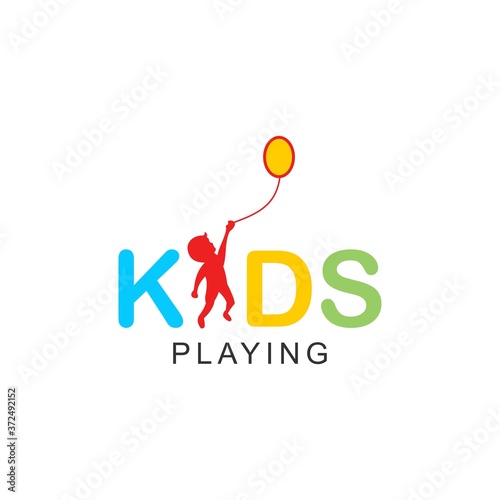 creative kids playing logo design ,illustration child and balloon vector