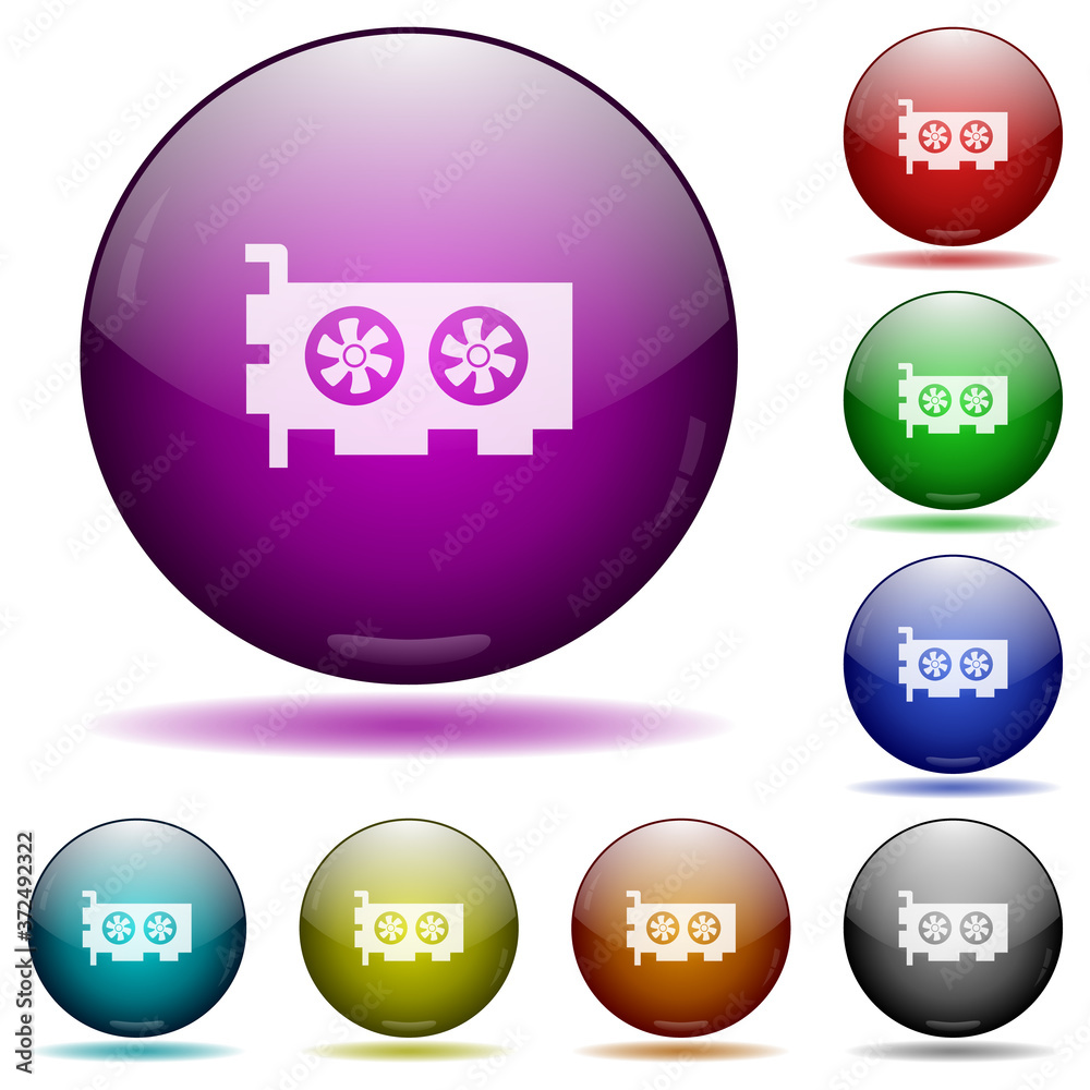 Computer video card icon in glass sphere buttons Computer video card icon in glass sphere buttons
