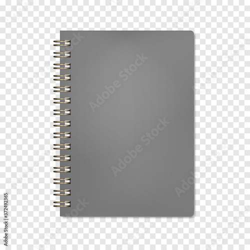 Wire bound closed notebook on transparent background, realistic vector mockup. Golden metal spiral notepad, mock-up. Blank diary cover, template