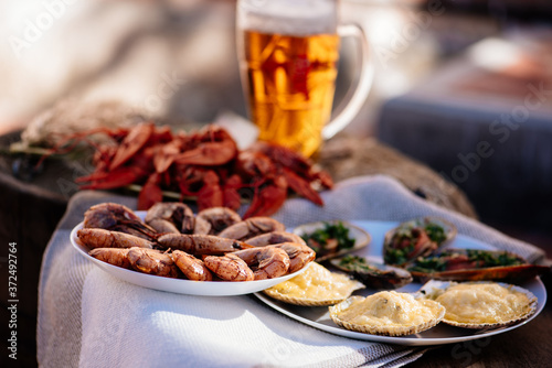Crayfish, beer, shrimp, mussels and scallops for Oktoberfest