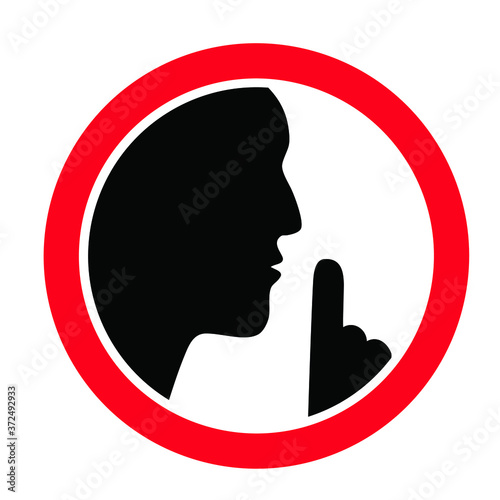Stop, please be quiet icon (psssst ). Forbad, silence no speaking or no talking ( shhh ). Funny vector flat icons silhouette Silent finger over lips or mouth sign. Sound off. Secret asking to silence