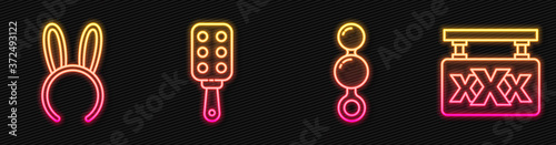 Set line Anal beads, Mask with long bunny ears, Spanking paddle and Sex shop. Glowing neon icon. Vector.