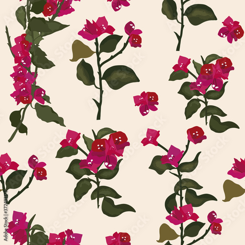Vector seamless pattern with bougainvillea in a white background.