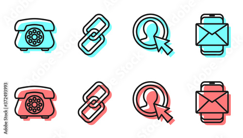 Set line Create account screen, Telephone, Chain link and Mobile and envelope icon. Vector.