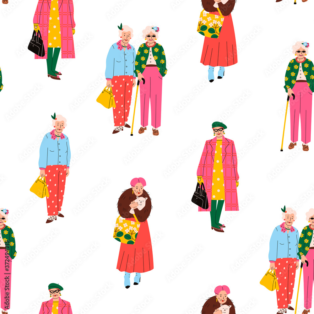 Senior confident Ladies. Different clothing and accessories. Old and mature women standing in trendy clothes. Modern fashion look. Hand drawn Vector seamless Pattern. Background, Wallpaper