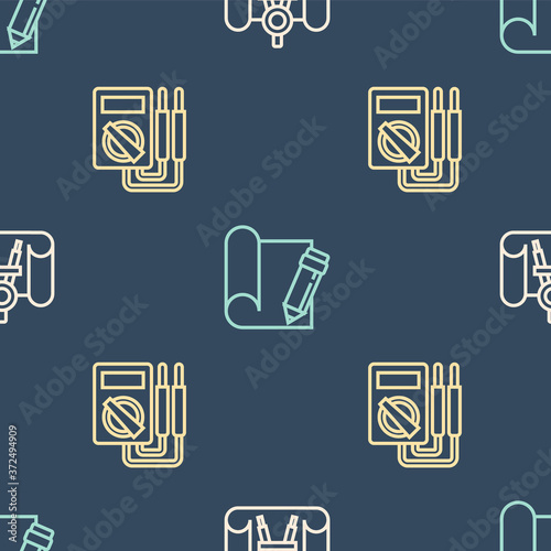 Set line Graphing paper and compass, Multimeter and pencil on seamless pattern. Vector.