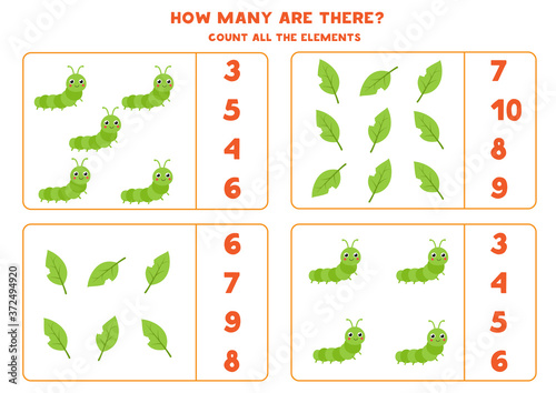 Count all caterpillars and leaves. Math game.