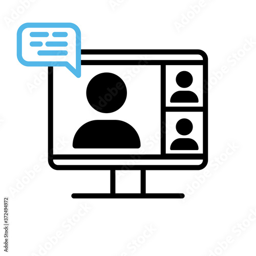 Video conference icon. Person on computer screen. Home office. Digital communication. Internet teaching media.