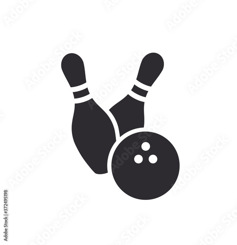 Bowling pins with ball icon. Bowling game. Bowling ball and pin icon. Simple icon skittles with ball. Logo template. Bowling club, tournaments. Sport icon.