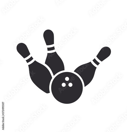 Bowling pins with ball icon. Bowling game. Bowling ball and pin icon. Simple icon skittles with ball. Logo template. Bowling club, tournaments. Sport icon.