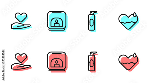 Set line Spray can for hairspray, Heart on hand, Aroma lamp and heal icon. Vector.