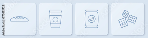 Set line Bread loaf, Bag or packet potato chips, Coffee cup go and Cracker biscuit. White square button. Vector.