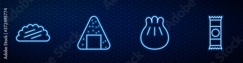 Set line Khinkali on cutting board, Taco with tortilla, Onigiri and Chocolate bar. Glowing neon icon on brick wall. Vector.