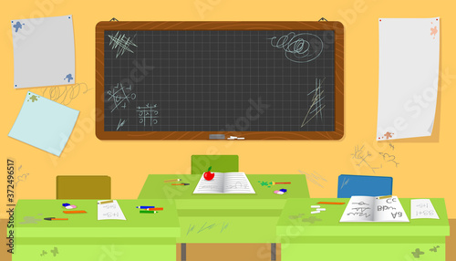 Empty dirty school classroom with desks vector illustration