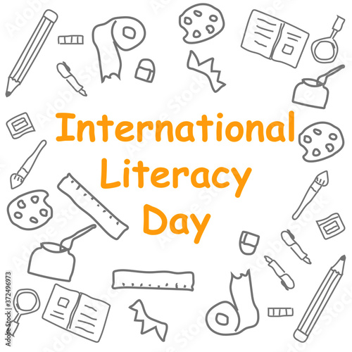 cartoon doodle art of international literacy day in yellow text. vector illustration.