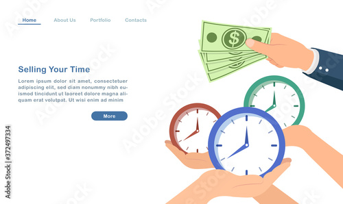 Website landing page template cartoon selling time work as salaried man to make money concept