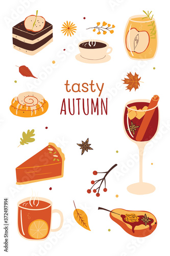 Autumn set of hand drawn food and drink icons. Cartoon vector illustration banner.