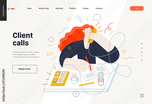 Business topics - client calls, web template. Flat style modern outlined vector concept illustration. A red-haired woman talking to a client by the phone at the office desk. Business metaphor.