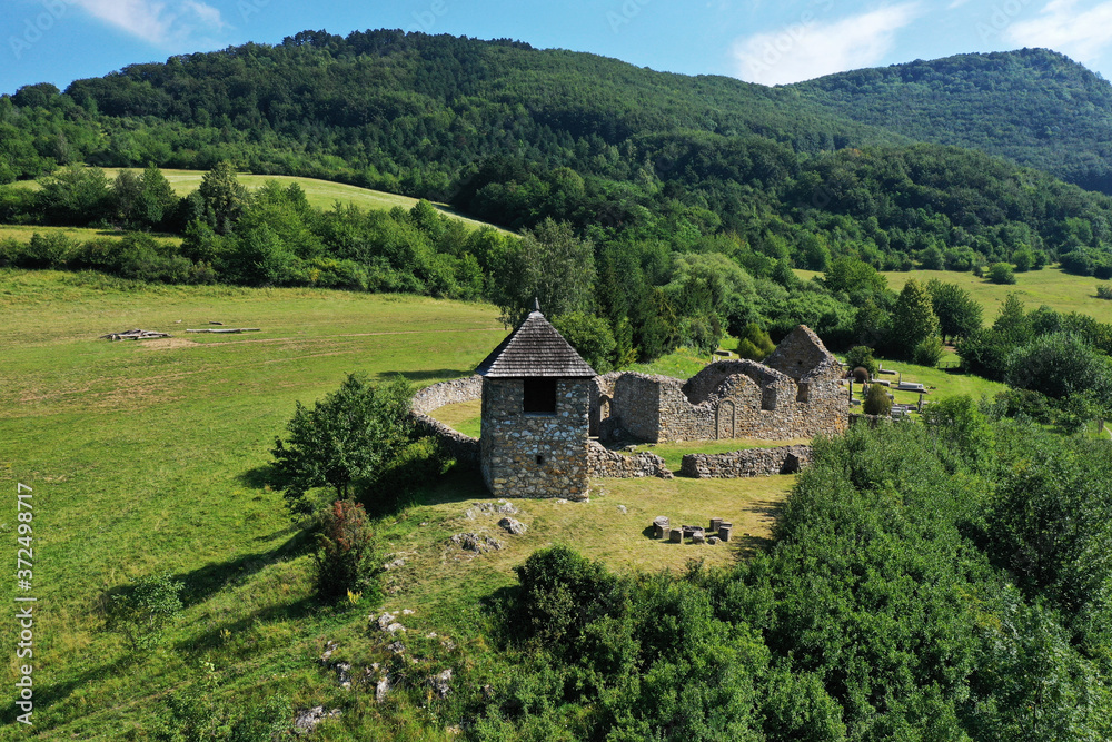 Aerial view of a historically church in the village of Lucka in Slovakia Aerial view of a historically church in the village of Lucka in Slovakia