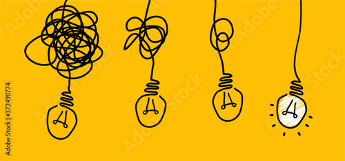 Comic brain electric lamp idea doodle. FAQ, business loading concept. Fun vector light bulb icon or sign ideas. Brilliant lightbulb education or invention pictogram banner