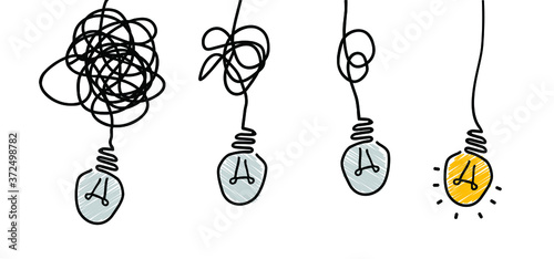 Comic brain electric lamp idea doodle. FAQ, business loading concept. Fun vector light bulb icon or sign ideas. Brilliant lightbulb education or invention pictogram banner
